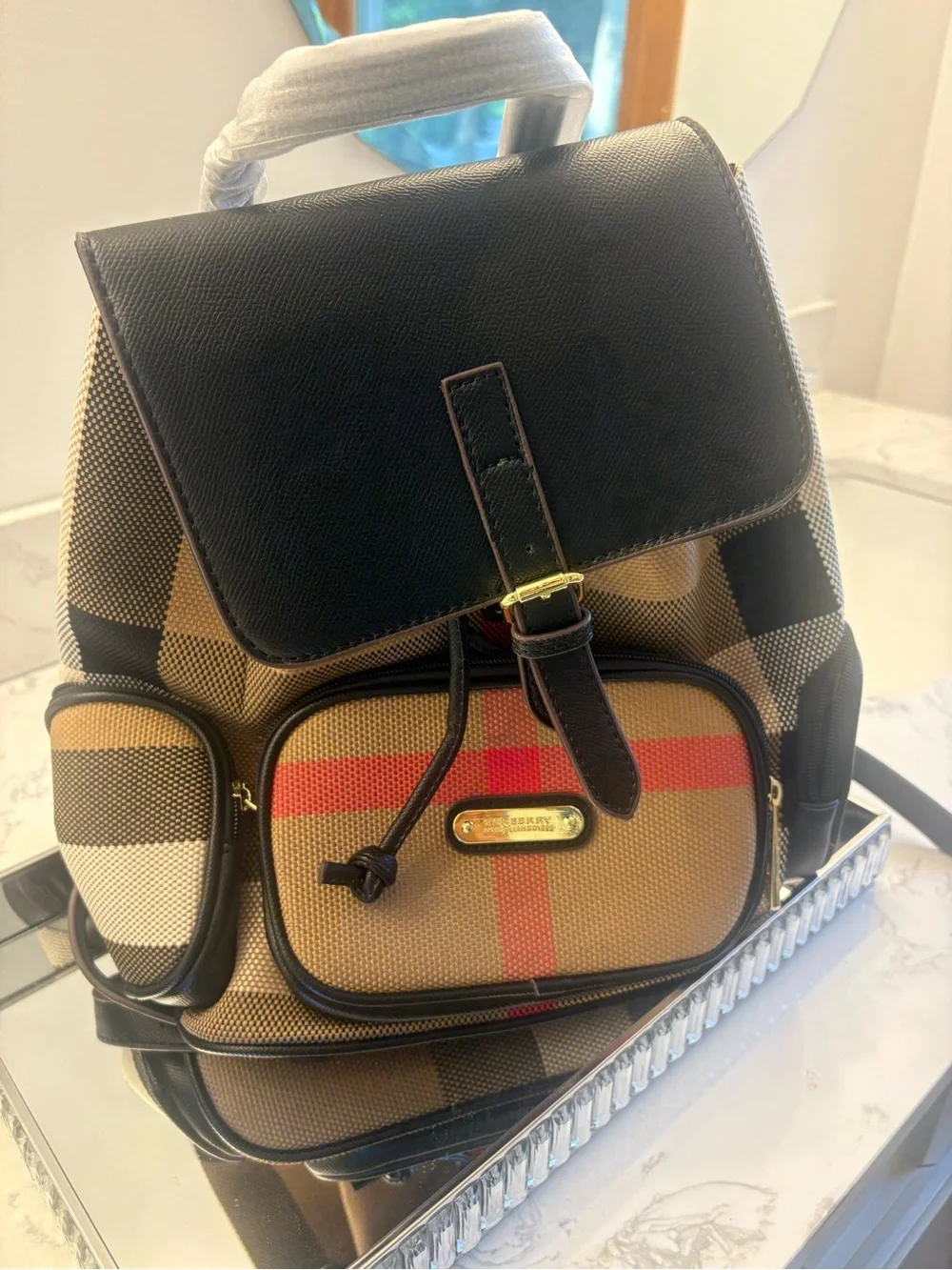 Designer-Inspired Tan Check Backpack with Black Trim and Red Stripe